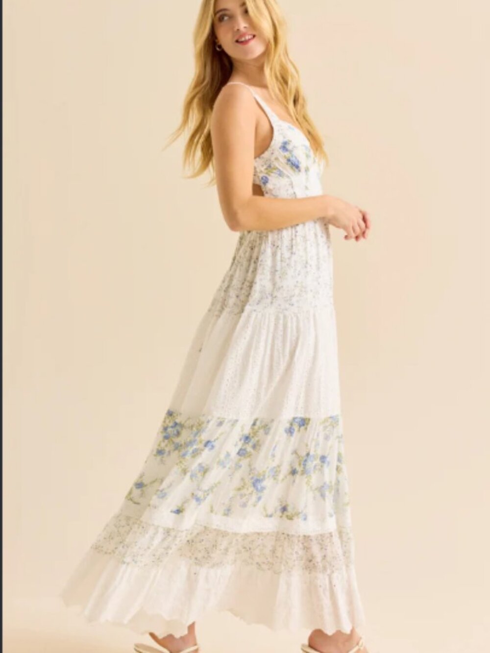Altar D State Adalynne Sleeveless Floral Maxi Dress-White and Blue-Large